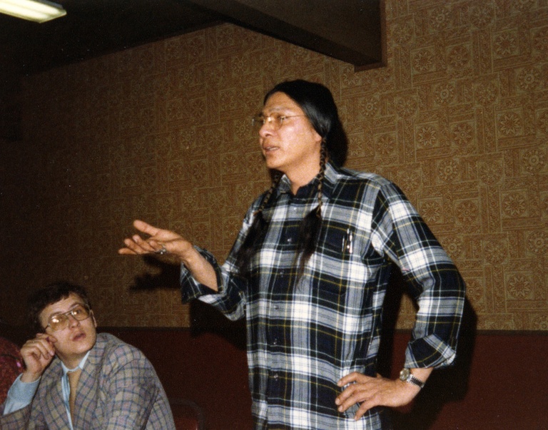 Eugene Rave (standing) and Doug Owsley at the Ancient Burials Conference in Des Moines, 1980