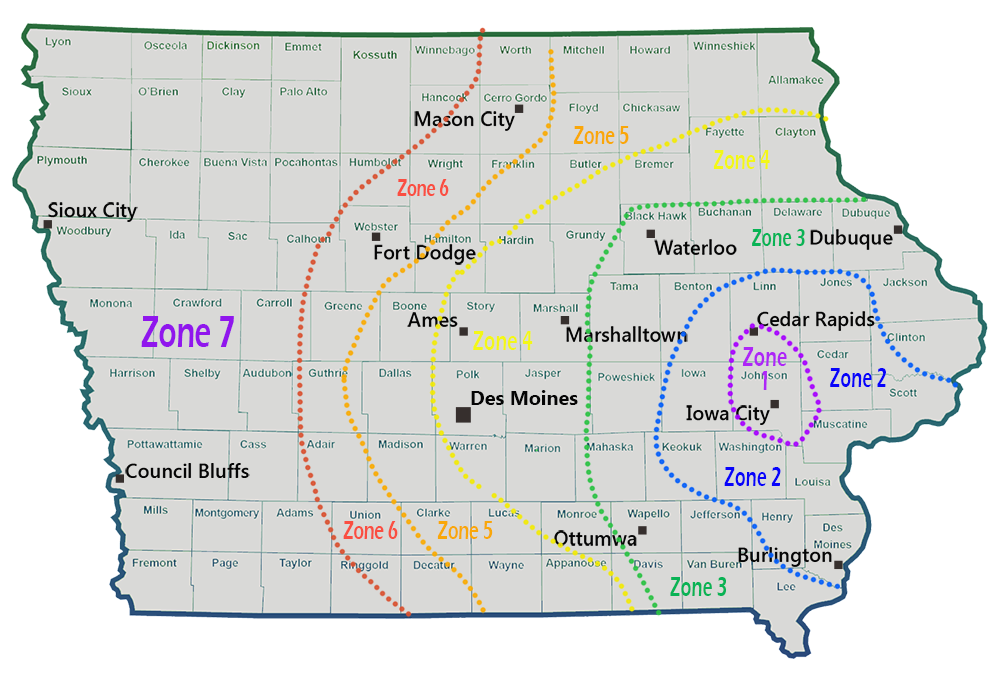 Map of Iowa indicating 7 different zones for fees for services