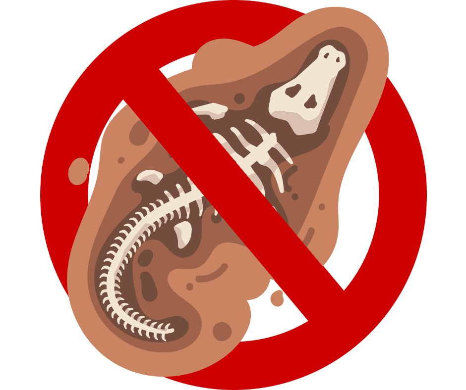 a cartoon dinosaur excavation with a red no slash overlay
