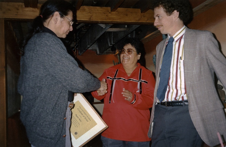 1989 OSA Indian Advisory Committee meeting, left to right: Eugene Rave, Maria Pearson, Bill Green