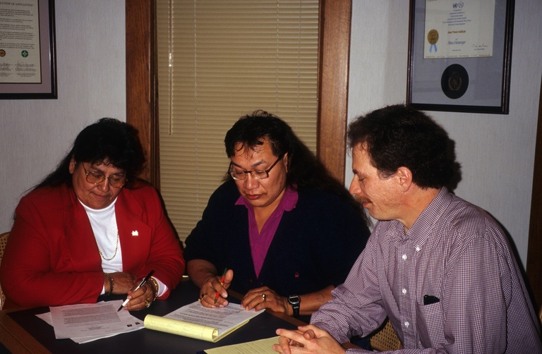 1989 Indian Advisory Committee at Grinnell, Iowa, Peace Institute; Maria Pearson, Alex Walker and Bill Green