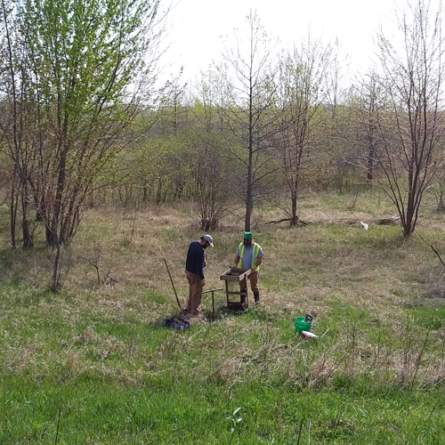 2 men dig an auger soil test near a treeline