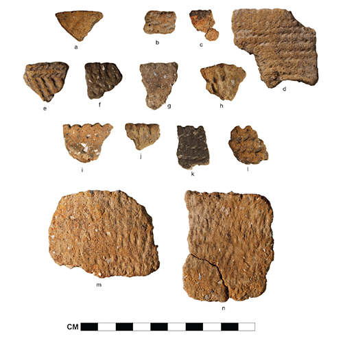 14 pieces of ancient pottery fragments next to a scale