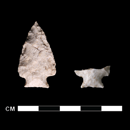 One white stone projectile point and one broken base of another spear point