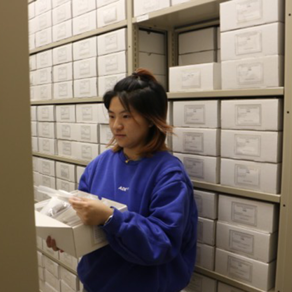 A student holds a box of artifacts in a curation facility