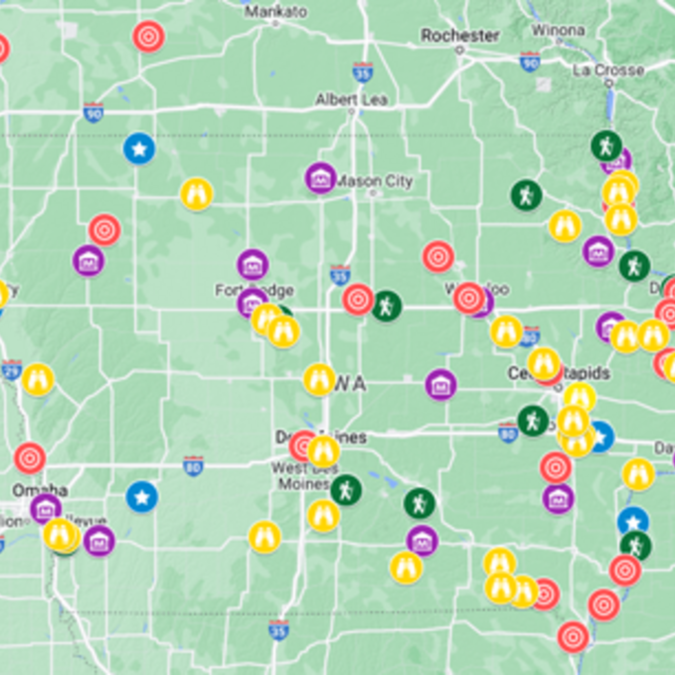Screenshot of a google map showing locations of archaeological sites and exhibits open to the public