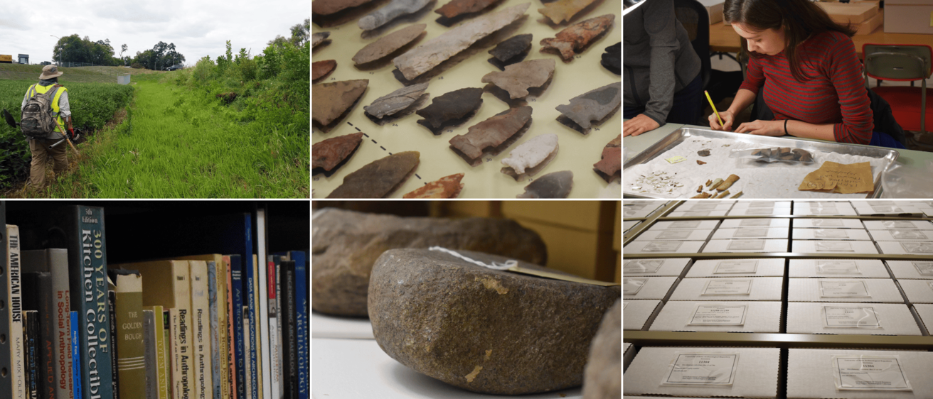 photo collage showing spear points, OSA building, a student doing labwork, worker in a field, groundstone on a shelf, and museum panels