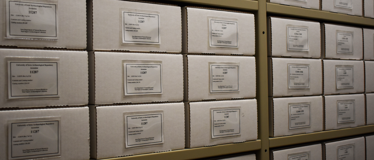 photo of white archival boxes on shelves in the OSA repository