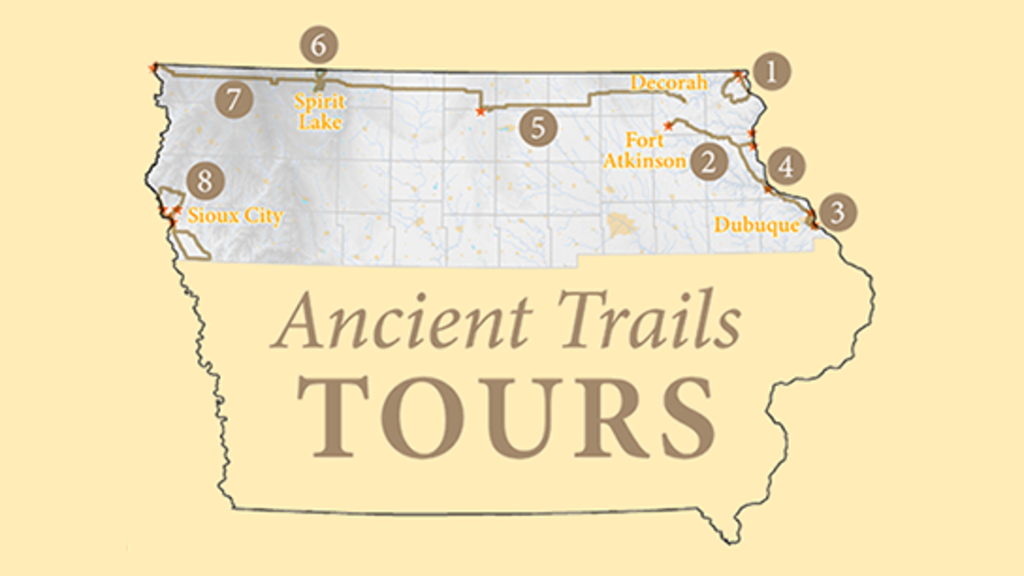 Screenshot of Ancient Trails Tours website cover art showing map locations on an outline of the state of Iowa