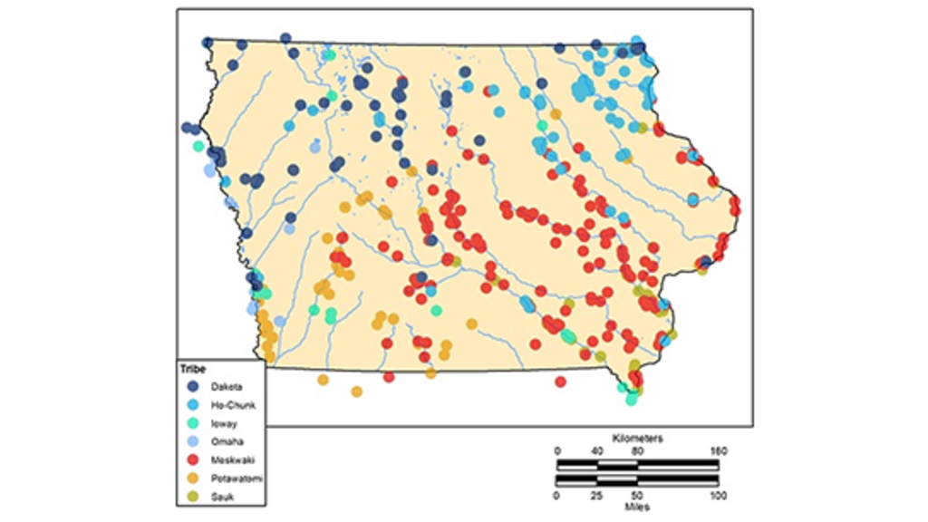 screenshot of a map showing historic-era Tribal habitations in Iowa