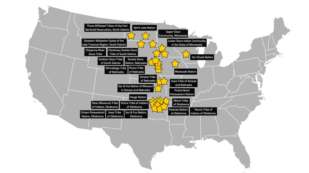 A map of the United States showing the names and locations of OSA's NAGPRA signatory Tribes