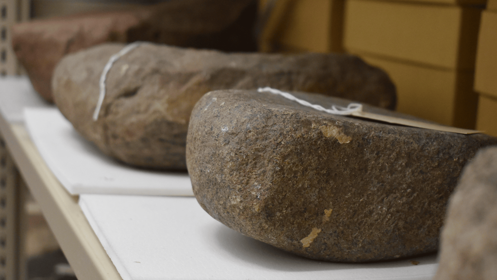 ground stone tools on a shelf