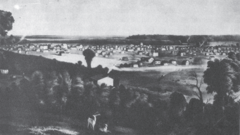B/W illustration of Des Moines in 1856, from Perkins 1984.