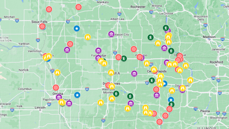 Screenshot of a google map showing locations of archaeological sites and exhibits open to the public